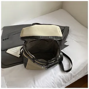 Large capacity vintage patchwork backpack with canvas and leather for students