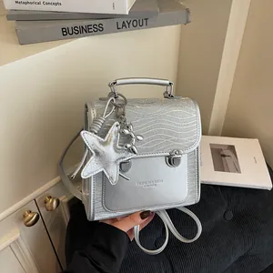 Metallic Silver PU Leather Mini Backpack Multi-Functional Shoulder Bag For Women With Star Pendant Rhinestone Leopard Ripple Pattern Sweet Streetwear Backpack