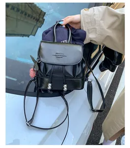 Detail of black vintage PU leather backpack with silver hardware and heart charm