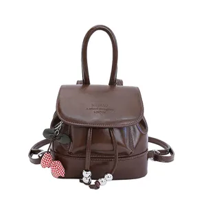 Vintage dark brown PU leather backpack with cherry charm and top handle for women