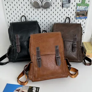 Retro PU leather backpack set with metal buckle closures and contrast stitching in three colors