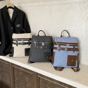 Retro high-capacity backpack with leather trim and belt buckles in three stylish colors