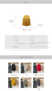 Detailed size chart and multi-color display of this versatile drawstring canvas backpack