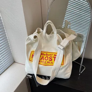 Vintage American Canvas Tote Bag For Women Large Capacity Letter Print Shoulder Crossbody Bag Retro Casual Student Book Bag