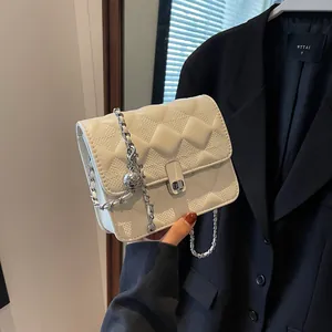 Fashion Women Quilted PU Leather Small Square Bag With Silver Chain Metal Ball Strap Rhombic Crossbody Bag Simple Shoulder Bag