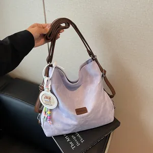 Women Large Capacity PU Leather Tote Bag Casual Shoulder Bag With Pendant For Students Daily Commuting Travel