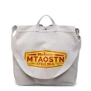 Light gray canvas tote bag with American retro print and adjustable shoulder strap