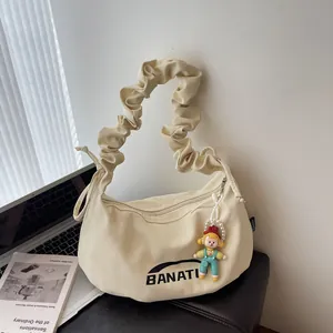 Women Ruched Strap Canvas Shoulder Bag Half Moon Crossbody Bag Casual Handbag With Cartoon Charm For Daily Shopping Office