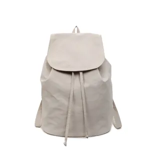 Minimalist cream white drawstring backpack with flap closure on clean white background
