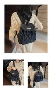 Détails du sac à dos en nylon noir imperméable avec rabat et cordon de serrage pour femme