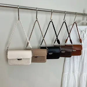 Chic square crossbody bags with woven straps in five colors shown from front view