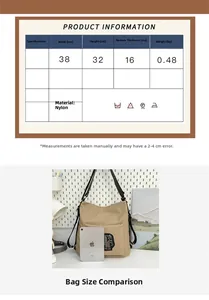 Size chart showing large nylon tote dimensions compared to an iPad for scale