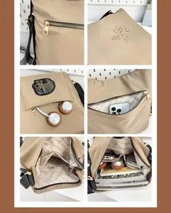 Detailed views of khaki nylon tote bag featuring waterproof fabric and multi-pocket storage