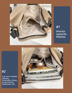 Macro detail of large capacity khaki tote bag interior showing multi-pocket storage layout