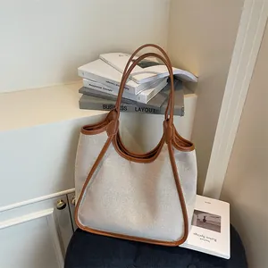 Sac Cabas en Toile de Grande Capacité pour Femmes Sac à Épaule Minimaliste avec Bordure en Similicuir PU Contrastée à la Mode