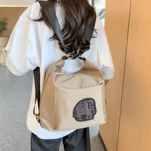 Women's Large Capacity Nylon Tote Bag With Sparkling Rhinestone Elephant Patch Fashion Commuting Shoulder Handbag Crossbody Bag