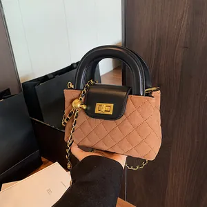 Women Quilted Suede Shoulder Bag French Retro Chain Strap Golden Ball Crossbody Bag Small Square Handbag Fashion Commuting Purse
