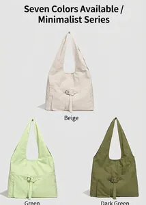 Three large tote bags in beige and green showing water-resistant pleated nylon texture