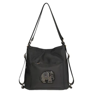 Minimalist black tote bag with elephant pattern beadwork and large capacity shoulder strap