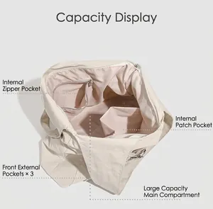 Macro view of beige tote bag interior compartments with zipper pocket and large main section