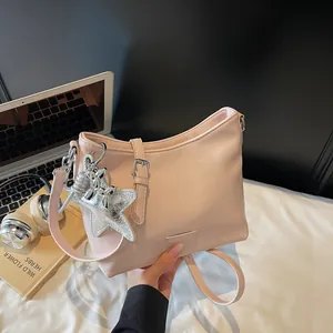 Women PU Leather Hobo Shoulder Bag Vintage Minimalist Suede Crossbody Bag With Silver Star Charm Elegant Underarm Tote