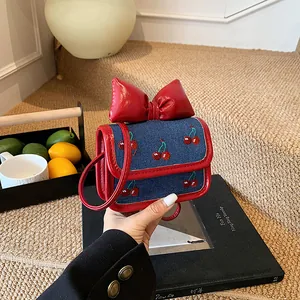 Women Mini Denim Crossbody Bag Cherry Embroidery Bow Decor Square Shoulder Bag For Girls Small Coin Purse Handbag