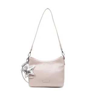 Pale pink matte shoulder bag for women with silver star pendant and zipper closure