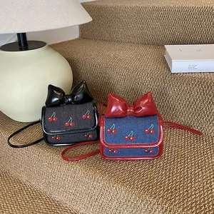 Mini denim crossbody bag with large bow and cherry embroidery for girls and women