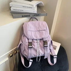 Women Fashion Wrinkled Nylon Backpack Large Capacity Student School Bag Outdoor Travel Yoga Sports Bag Drawstring Buckle