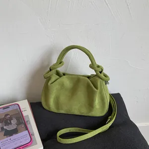 Women Retro Pleated Cloud Shoulder Bag PU Suede Feel Knotted Handle Handbag With Heart Pendant Crossbody Bag Daily Commute