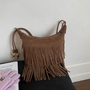Borsa a Spalla con Frange in PU Scamosciato Bohémien per Donna Borsa a Tracolla Vintage a Mezzaluna con Perle in Legno