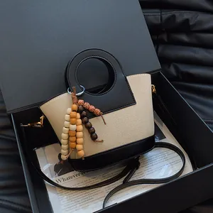 Vintage Canvas En Synthetisch Leer Contrastkleur Bucket Bag Voor Vrouwen Retro Rond Handvat Schoudertas Met Houten Kralen Hanger