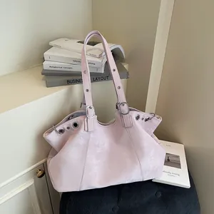Women Simple Large Capacity Tote Bag Faux Leather Underarm Shoulder Bag With Metal Eyelets Retro Style Commuting Handbag