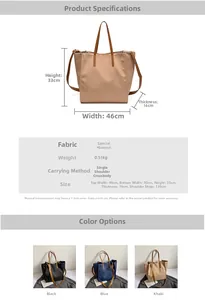 Detailed size chart for the large tote bag showing dimensions weight and shoulder strap