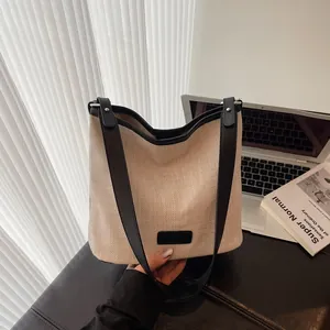 Borsa a Secchiello in Tela Minimalista da Donna Con Bordo in Pelle PU a Contrasto Borsa a Tracolla Leggera per Pendolarismo