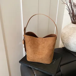 Women Retro Frosted Suede Bucket Bag Large Capacity Single Shoulder Crossbody Bag With Metal Lock Tassel Minimalist Vegan Leather Handbag