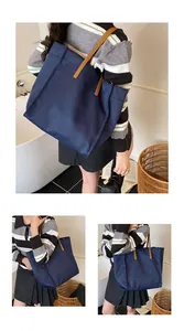 Detailed views of a large dark blue tote bag with contrasting brown handles for daily use