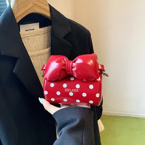 Women's Mini Polka Dot Crossbody Bag PU Leather Cylindrical Shoulder Handbag With Large Bow Fashion Square Lipstick Bag