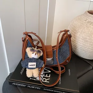 Vintage Denim Shoulder Bag For Women Retro Half Moon Underarm Bag With Bear Charm PU Leather Splicing Crossbody Bag