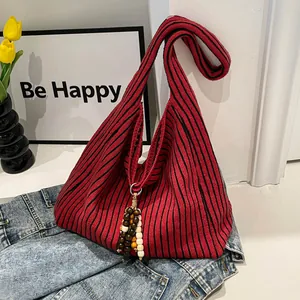Women's Striped Knitted Tote Bag Large Capacity Casual Vertical Pattern Shoulder Bag With Wooden Bead Tassel Charm