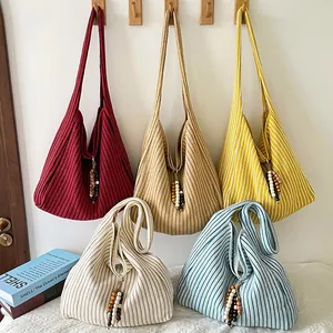 Striped knit tote bags in multiple colors with tassels for women's daily commute
