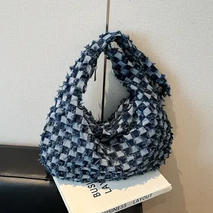 Vintage Schachbrett Denim Hobo Tasche Für Damen Ausgefranste Kanten Große Kapazität Schulter Umhängetasche Casual Streetwear Tote Bag
