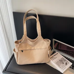 Cabas en Toile Décontracté pour Femme Grande Capacité Tendance Street Sac à Main à Bandoulière Multi Poches pour Travail Quotidien Voyage École