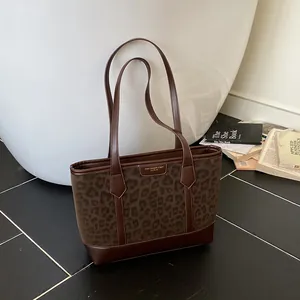 Retro leopard print tote bag with brown leather trim and large capacity for women