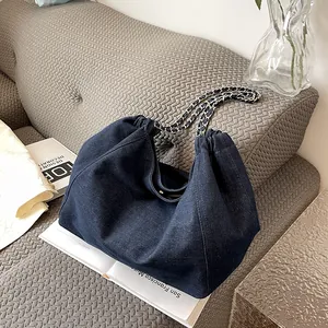 Fashion Korean Style Large Capacity Denim Tote Bag For Women Versatile Chain Shoulder Bag For School Commute Daily Use