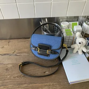 Borsa a Sella da Donna in Denim Pelle PU Giunzione Vintage Casual Tracolla Spalla Con Fibbia Oro Chiusura Magnetica Borsa Quotidiana