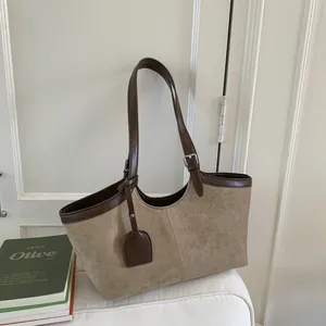Vintage Large Capacity Tote Bag For Women Retro Faux Suede PU Leather Shoulder Bag Casual Commute Underarm Bag With Adjustable Strap