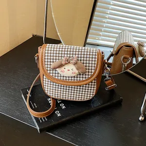Japanese style checkered crossbody bag with cute 3D cartoon puppy and adjustable strap