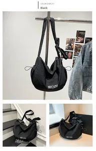 Detailed views of a black pleated nylon crescent bag with MUCAIXI logo and ribbon strap