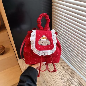 Mini Sac à Dos en Velours Côtelé pour Femmes Kawaii Pois Bordure en Dentelle Broderie Chien Dessin Animé Cordon Petit Sac à Dos pour Filles Sac de Mode Décontracté